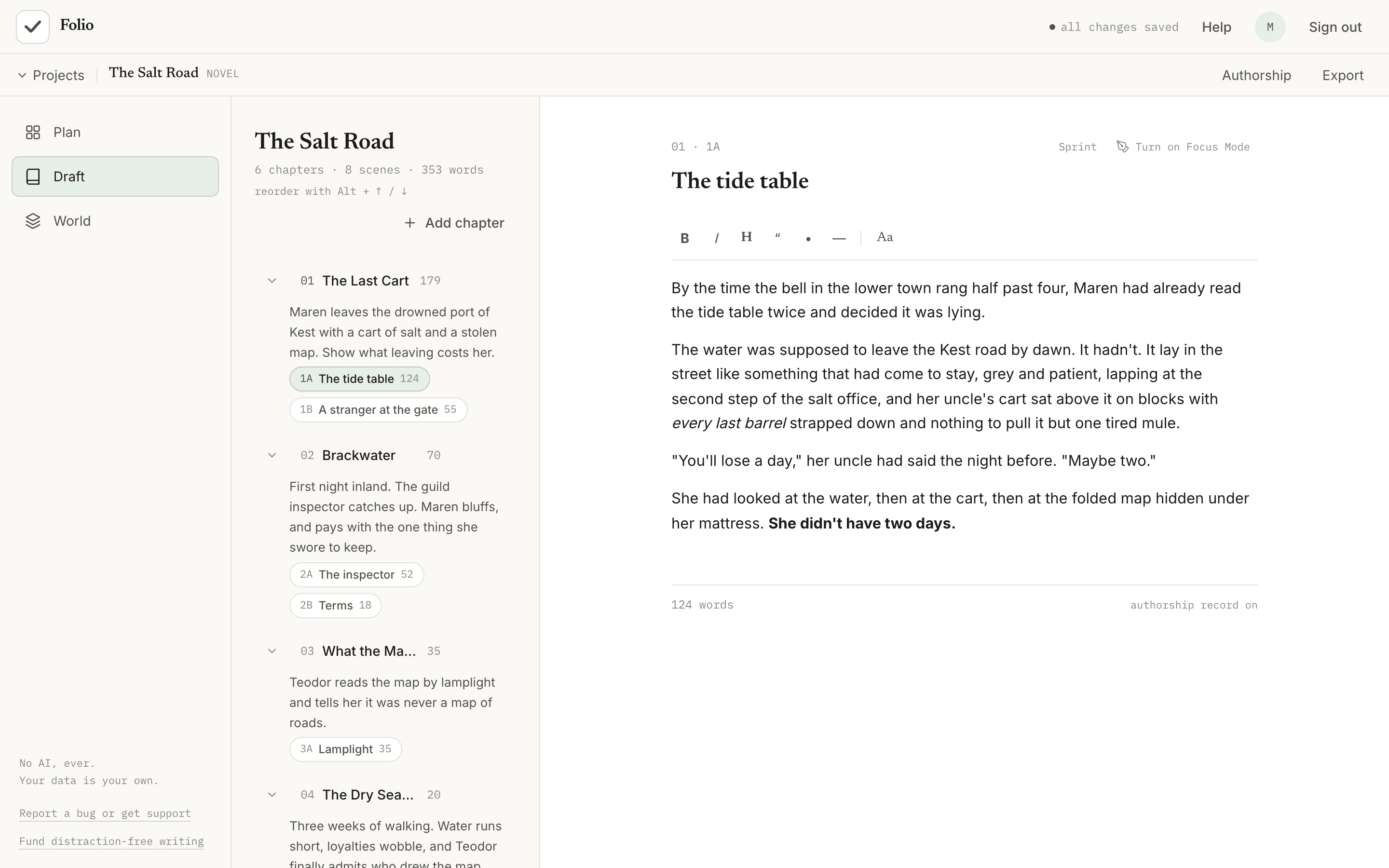 Folio's Draft view: an outline of chapters and scenes beside the text of a scene.