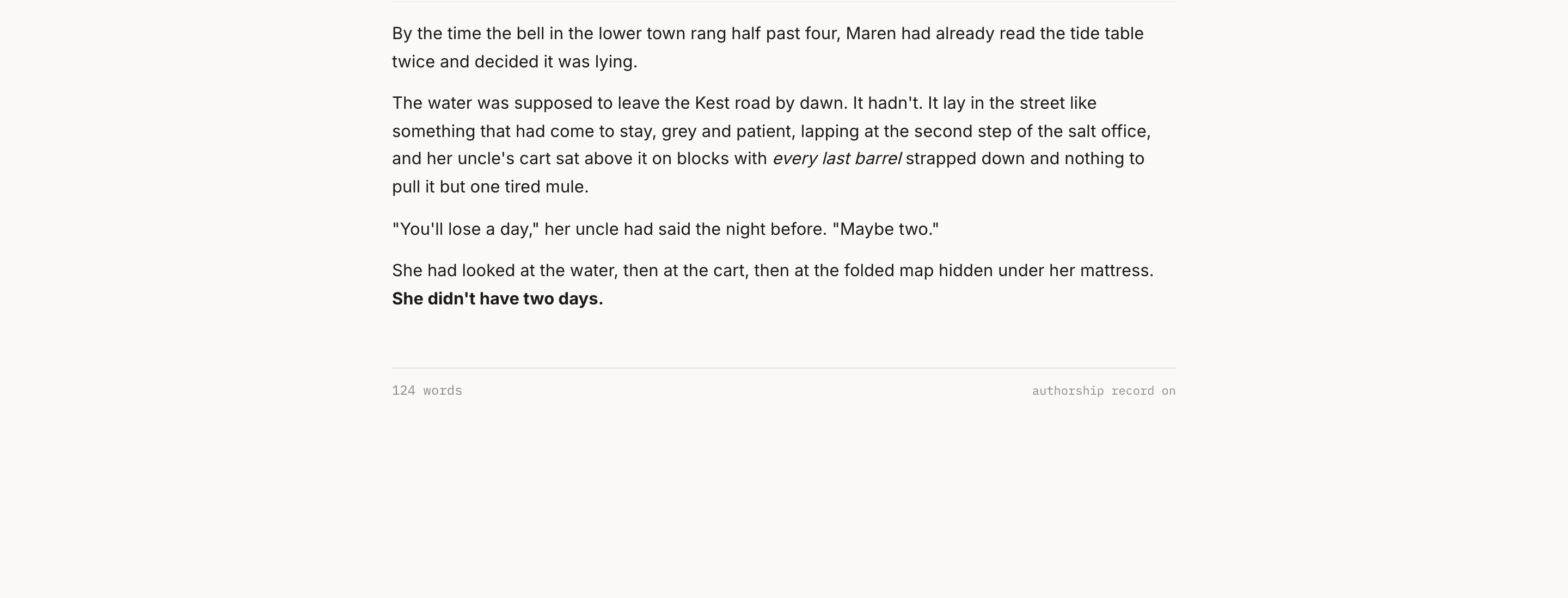 Focus mode: only the title and text of a scene on a plain page, with a faint save indicator.