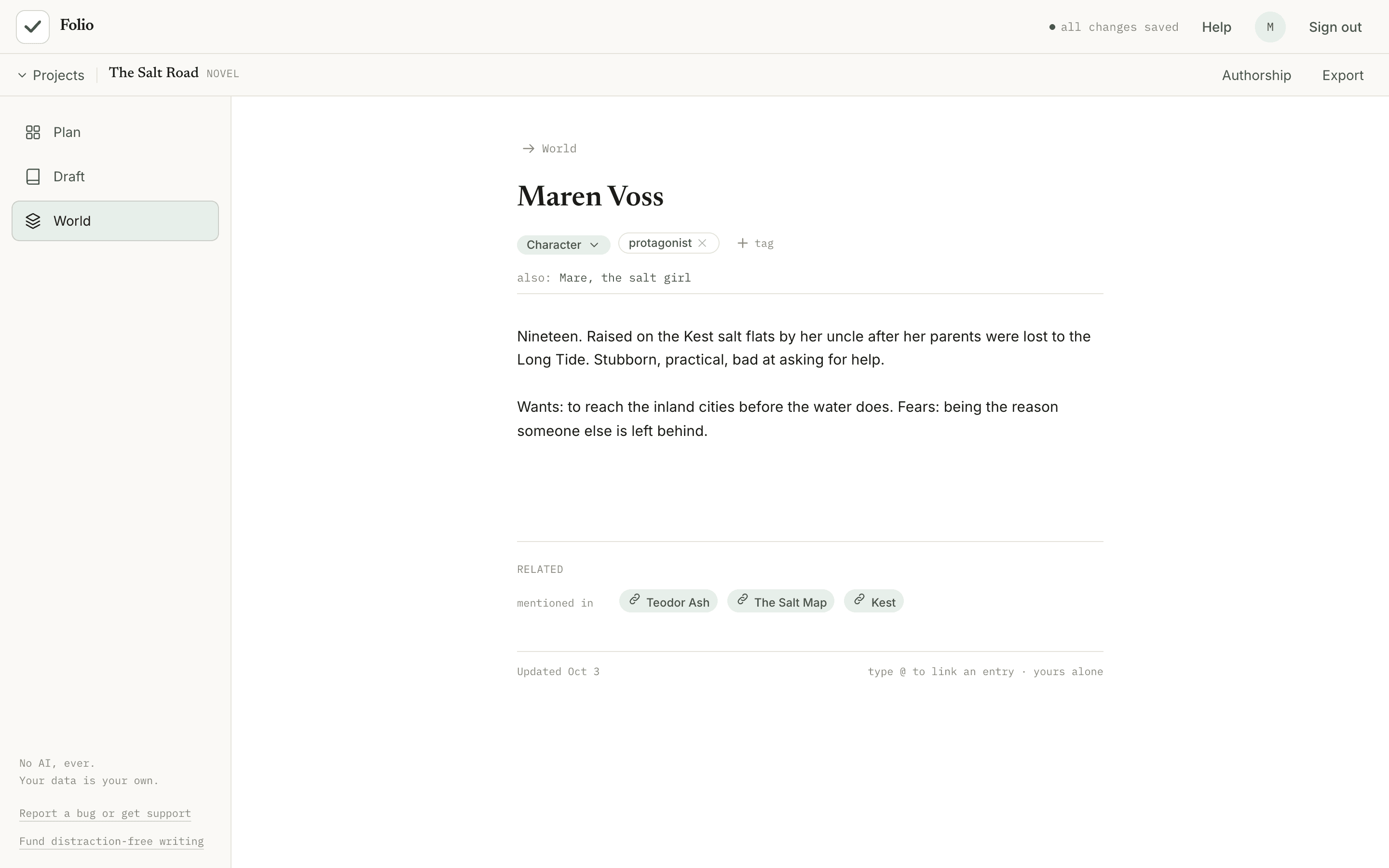 A character entry for Maren Voss with tags, an alias, a short description, and links to related entries.